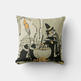 Vintage Halloween, Witch with Cauldron and Cats Cushion