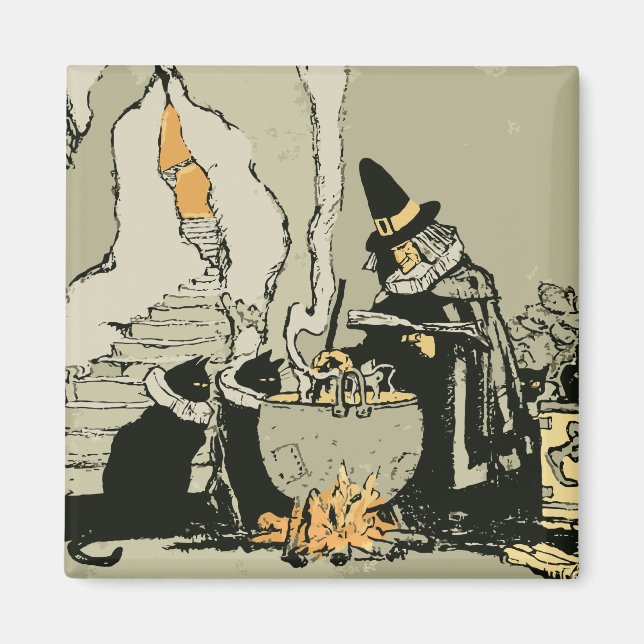 Vintage Halloween, Witch with Cauldron and Cats Magnet (Front)