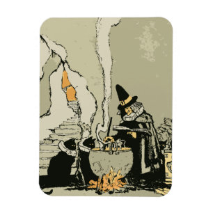 Vintage Halloween, Witch with Cauldron and Cats Magnet