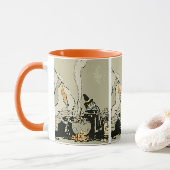 Vintage Halloween, Witch with Cauldron and Cats Mug (With Donut)