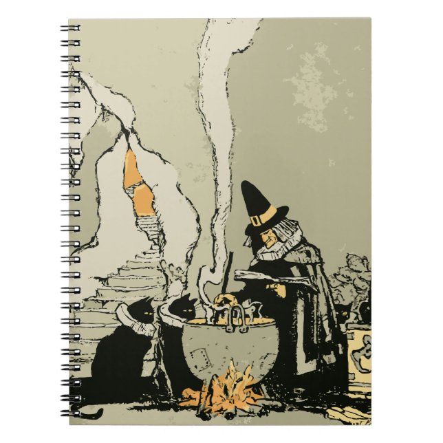 Vintage Halloween, Witch with Cauldron and Cats Notebook (Front)