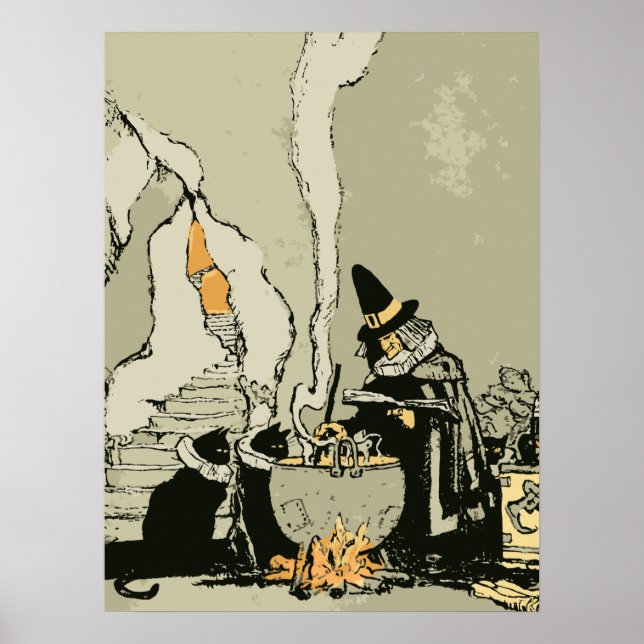 Vintage Halloween, Witch with Cauldron and Cats Poster (Front)