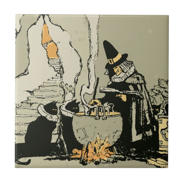 Vintage Halloween, Witch with Cauldron and Cats Tile (Front)