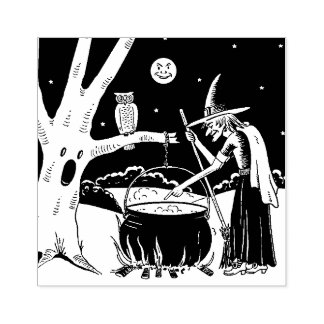 Vintage Halloween Witch with Cauldron Rubber Stamp