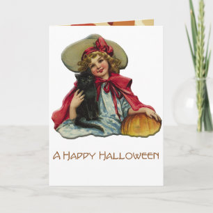 Vintage Halloween Witch With Pumpkin and Cat Card