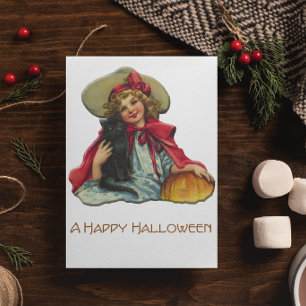 Vintage Halloween Witch With Pumpkin and Cat Card