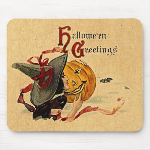 Vintage Halloween Witch With Red Ribbons Mouse Mat