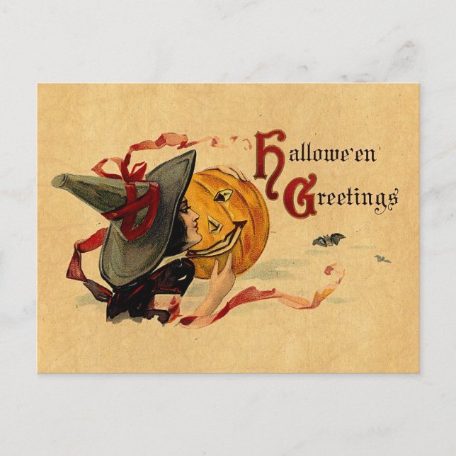 Vintage Halloween Witch With Red Ribbons Postcard (Front)