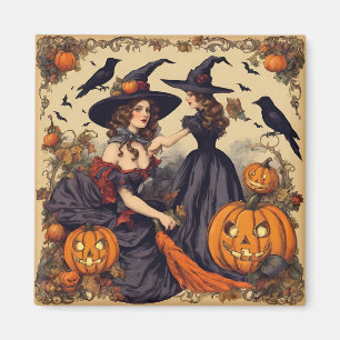 Vintage Halloween Witches and Jack-O'-Lantern Magnet