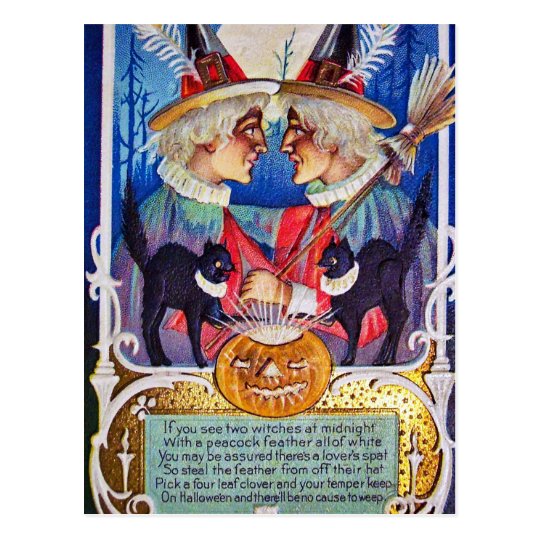 Vintage Halloween witches black cats postcard