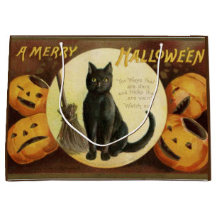 Vintage Halloween Witch's Black Cat & Pumpkins Large Gift Bag