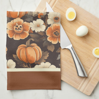 Vintage Halloween With Ghost And Flowers Tea Towel