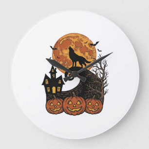 Vintage Halloween Wolf Moon Pumpkin Shirt Design_1 Large Clock