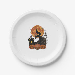 Vintage Halloween Wolf Moon Pumpkin Shirt Design_1 Paper Plate
