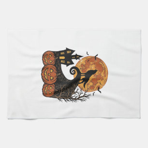 Vintage Halloween Wolf Moon Pumpkin Shirt Design_1 Tea Towel