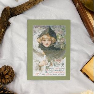 Vintage Halloween Woman And Skulls Card