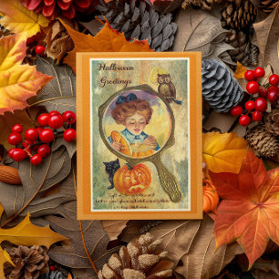 Vintage Halloween Woman, Pumpkin, and Owl  Card