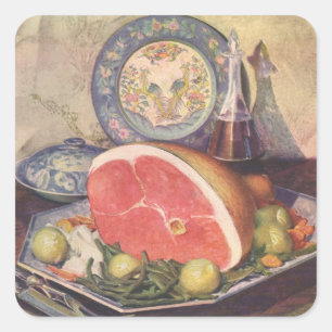 Vintage Ham Dinner with Green Beans and Potatoes Square Sticker