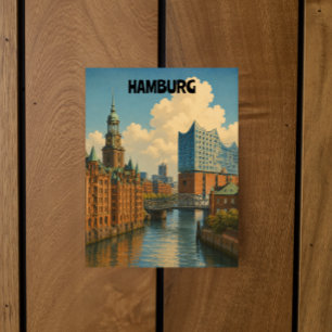 Vintage Hamburg Germany Port City Illustration Postcard