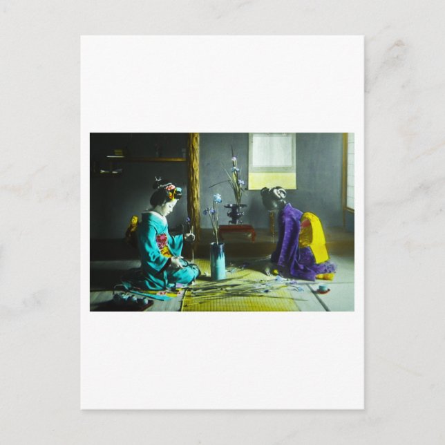 Vintage Hand Coloured Japanese Geisha Magic Lanter Postcard (Front)