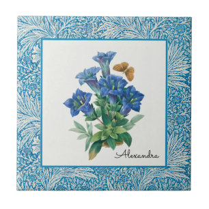Vintage Hand drawn Blue Columbine Flower Tile