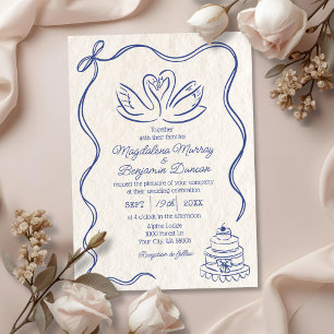Vintage Hand Drawn Blue Retro Ribbon Swans Wedding Invitation