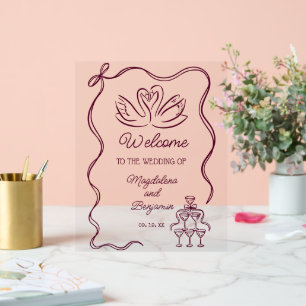 Vintage Hand Drawn Burgundy Swans Wedding Welcome Acrylic Sign