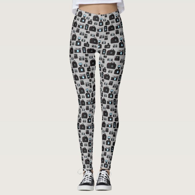 Vintage Hand Drawn Camera Pattern Grey Leggings (Front)