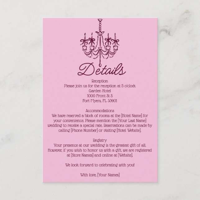 Vintage Hand Drawn Chandelier Wedding Details Enclosure Card (Front)