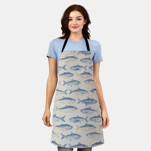 Vintage Hand-Drawn Fish Seamless Pattern Apron (Worn)
