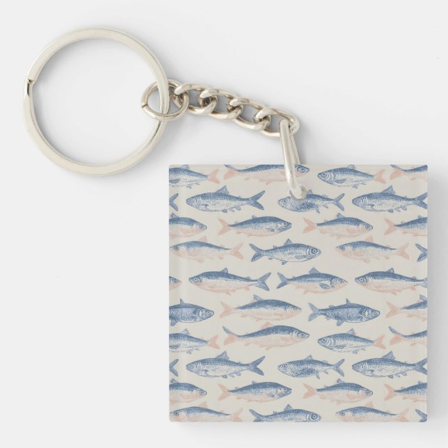 Vintage Hand-Drawn Fish Seamless Pattern Key Ring (Front)