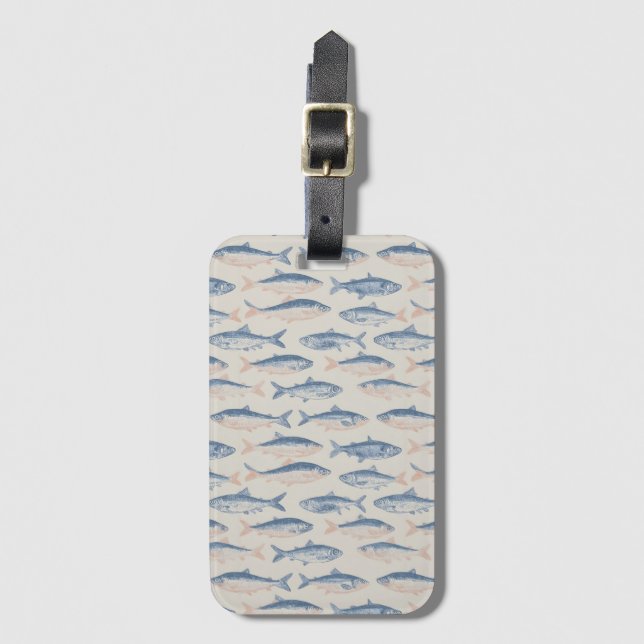 Vintage Hand-Drawn Fish Seamless Pattern Luggage Tag (Front Vertical)