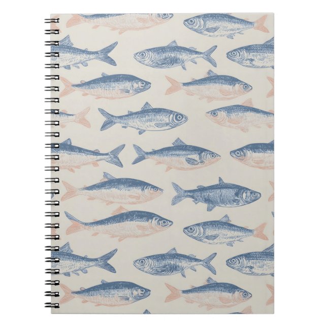 Vintage Hand-Drawn Fish Seamless Pattern Notebook (Front)