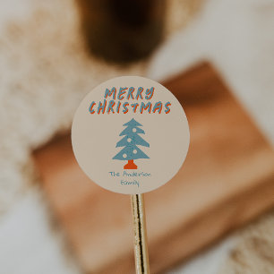 Vintage Hand Drawn Orange Blue Christmas Tree Funk Classic Round Sticker