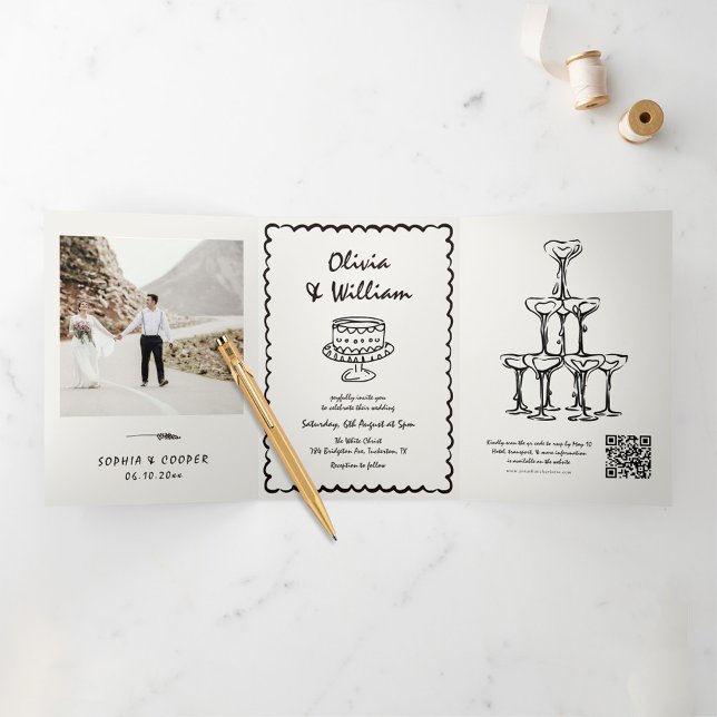 Vintage Hand Drawn Photo Wedding Tri-Fold Invitation (Creator Uploaded)
