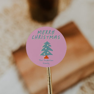 Vintage Hand Drawn pink Blue Christmas Tree Classic Round Sticker