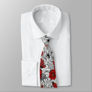 Vintage Hand Drawn Red and Grey Magnolia Flowers Tie