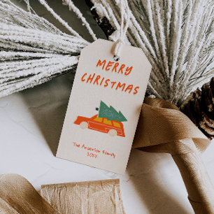 Vintage Hand Drawn Red Car Tree Christmas Funky Gift Tags
