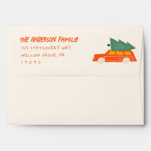 Vintage Hand Drawn Red Car Truck Christmas Retro Envelope