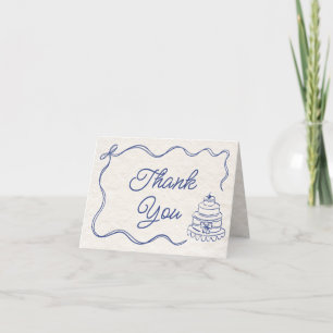 Vintage Hand Drawn Retro Ribbon Bow Cake Navy Blue Thank You Card