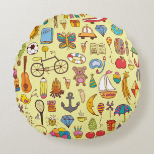 vintage hand drawn seamless pattern with doodle ki round cushion