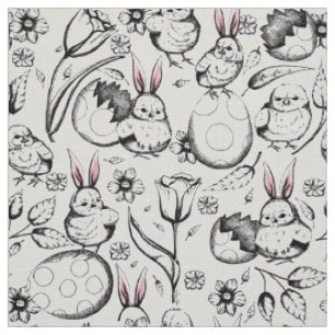 Vintage Hand-Drawn Spring & Easter Linen Print Fabric