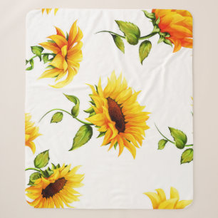 Vintage Hand-Drawn Sunflower Watercolor Sherpa Blanket