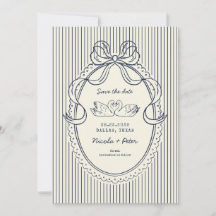 Vintage Hand Drawn Swan Blue Stripes Wedding Save The Date