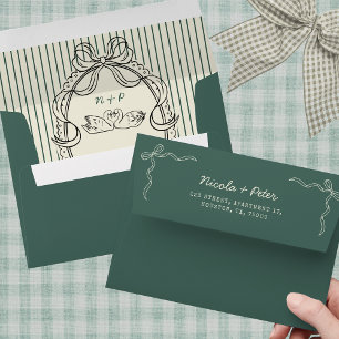 Vintage Hand Drawn Swan Green Stripes Wedding Envelope