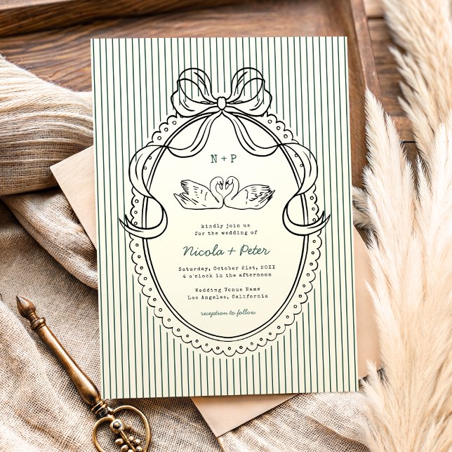 Vintage Hand Drawn Swan Green Stripes Wedding Invitation (Creator Uploaded)