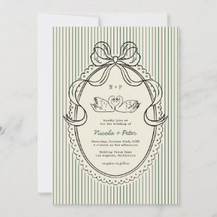 Vintage Hand Drawn Swan Green Stripes Wedding Invitation