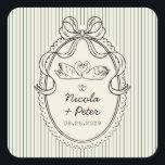 Vintage Hand Drawn Swan Stripes Wedding Favor Square Sticker<br><div class="desc">This vintage hand drawn swan green stripe square sticker features a graceful illustrated swan framed inside an ornate oval crest, topped with a charming ribbon bow and layered over soft green vertical stripes. The green lines, handwritten details, and subtle scribble accents create a look that feels whimsical, retro, and old-money...</div>