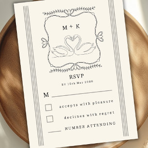 Vintage Hand Drawn Swans Monogram RSVP Wedding Enclosure Card