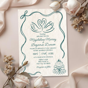 Vintage Hand Drawn Teal Green Retro Swans Wedding Invitation